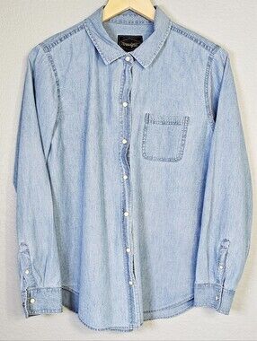 Threadgrit Women's Chambray Pearl Snap Button Front Shirt Light Wash Size Large